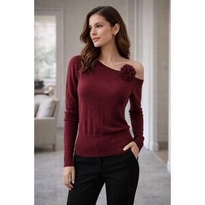 INC Maroon One-Shoulder Knit Sweater Pom Detail Women's‎ P/S